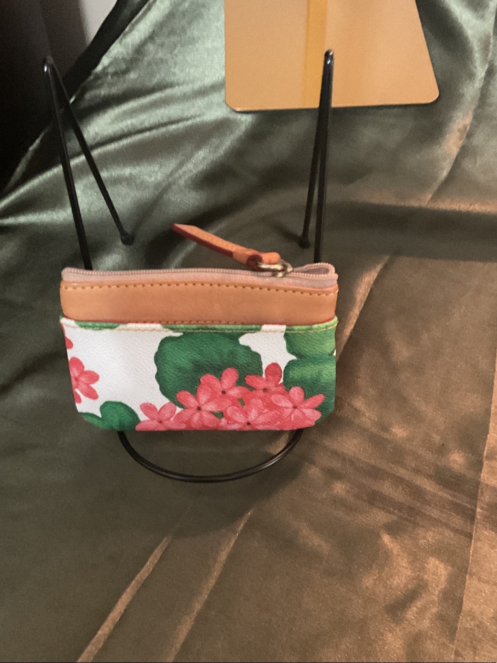 Dooney & Bourke Pink Floral Zip Card Wallet with Green Accents